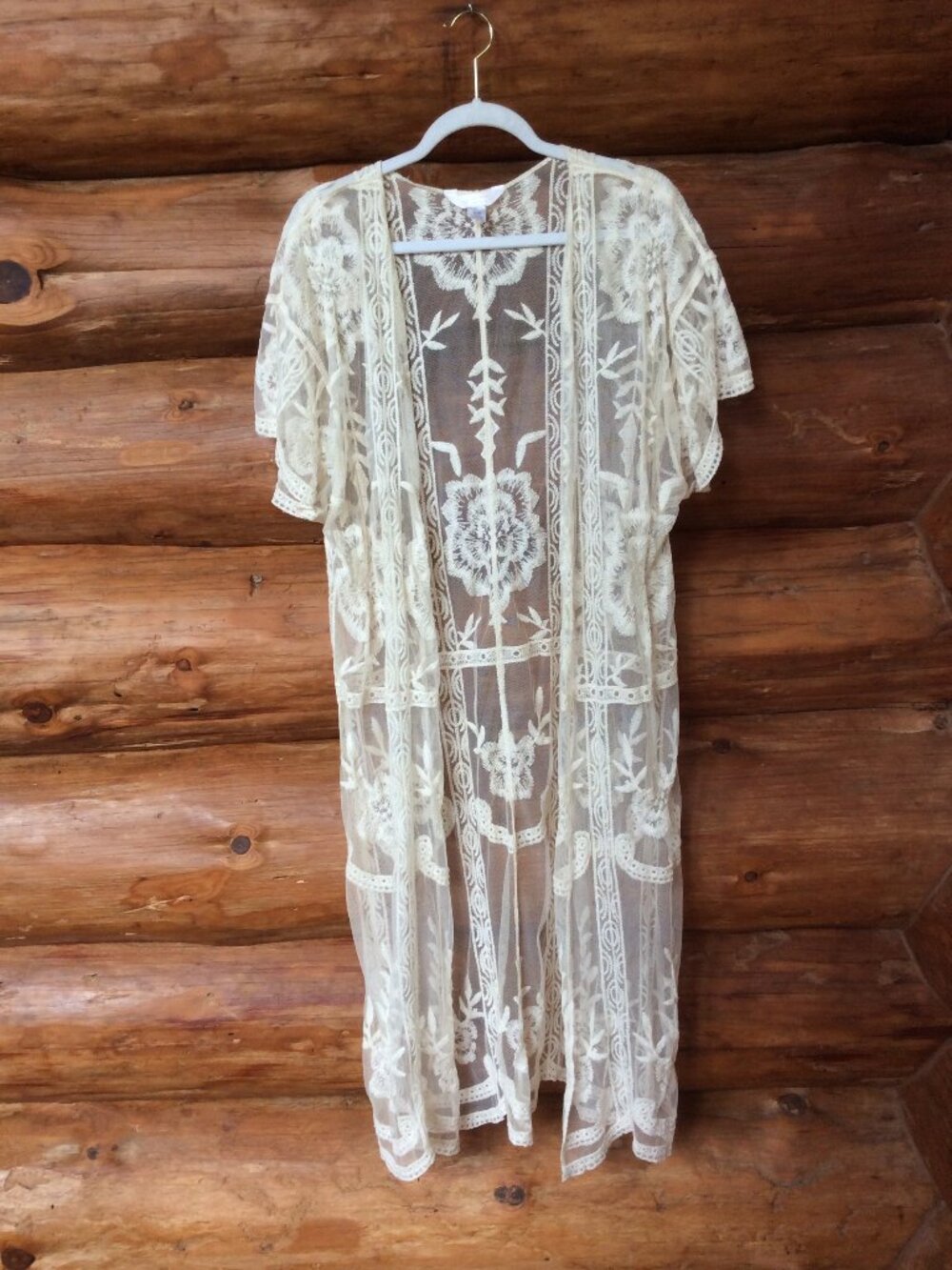 LC Lauren Conrad Ivory Kimono Sheer Lace Open Duster Coquette Cardigan Fairy OS